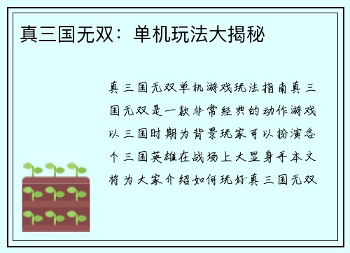 真三国无双：单机玩法大揭秘